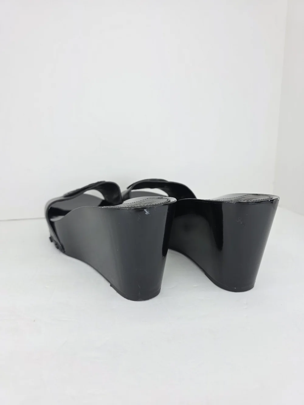 Tory Burch Patti Black Patent Slides Platform Wedge Heels Leather Sandals 9.5M